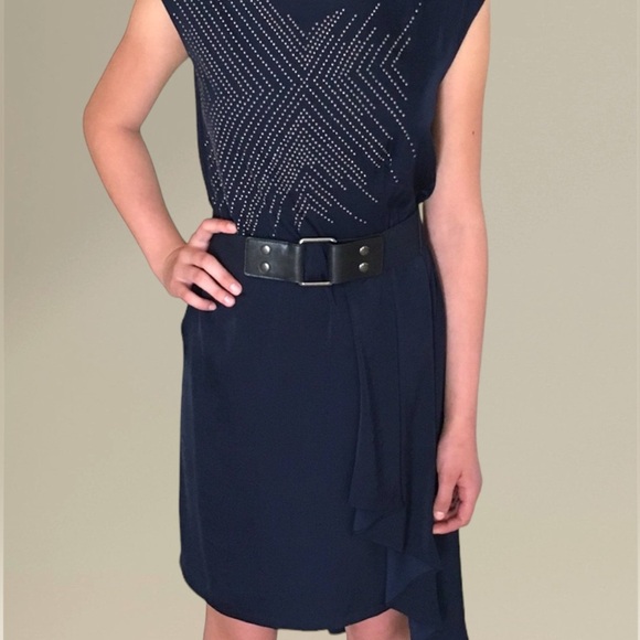 Limited Edition 2010 BCBGMaxAzria Runway Studded Navy Belted Sheath Asymmetrical - Picture 2 of 15